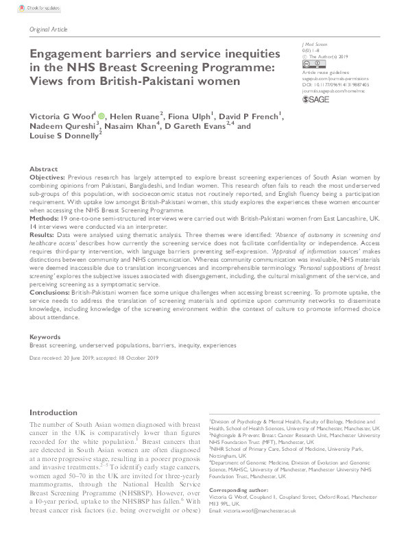 Engagement barriers and service inequities in the NHS Breast Screening Programme: Views from British-Pakistani women Thumbnail