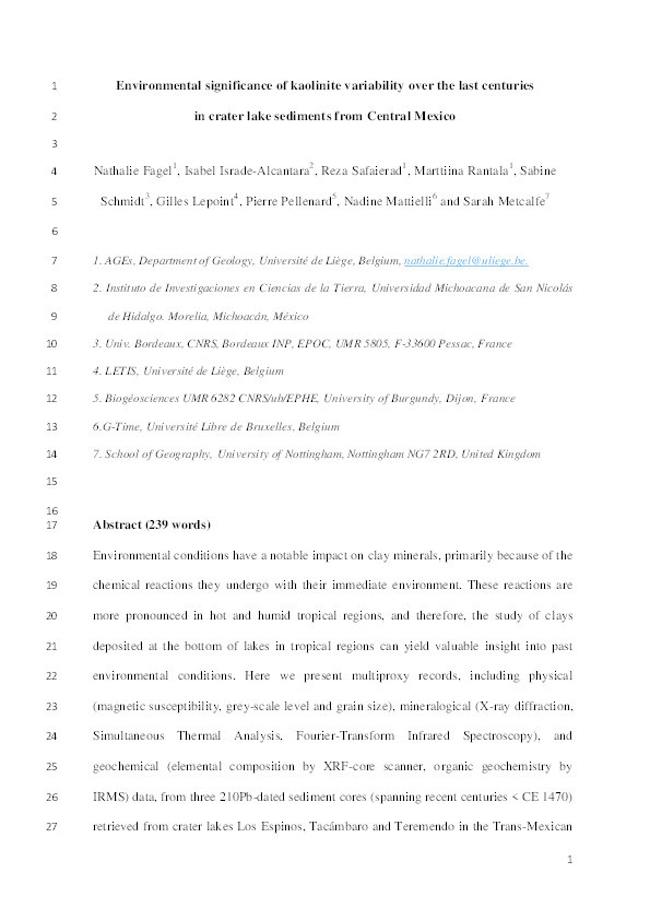 Environmental significance of kaolinite variability over the last centuries in crater lake sediments from Central Mexico Thumbnail