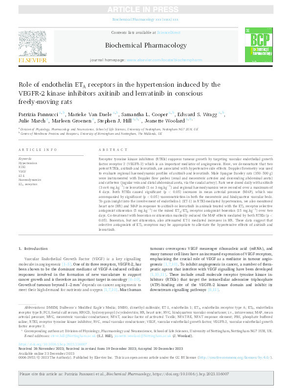 Role of endothelin ETA receptors in the hypertension induced by the VEGFR-2 kinase inhibitors axitinib and lenvatinib in conscious freely-moving rats Thumbnail