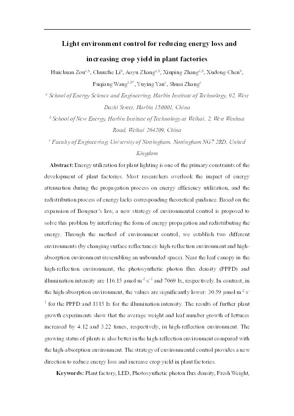 Light environment control for reducing energy loss and increasing crop yield in plant factories Thumbnail