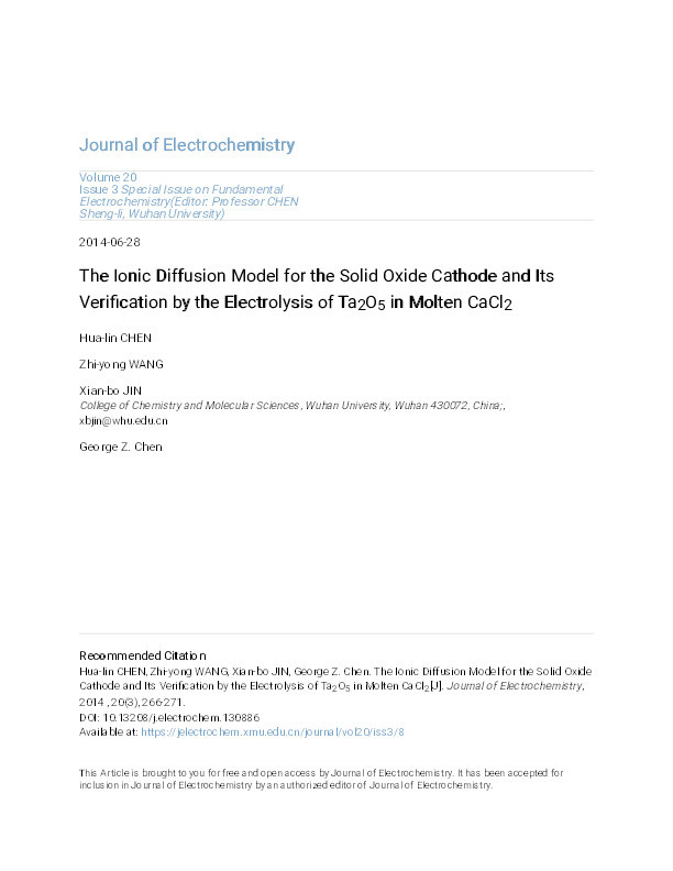 The Ionic Diffusion Model for the Solid Oxide Cathode and Its Verification by the Electrolysis of Ta2O5 in Molten CaCl2 Thumbnail