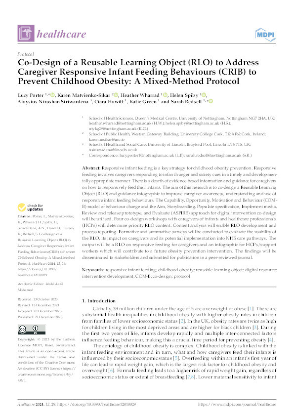 Co-Design of a Reusable Learning Object (RLO) to Address Caregiver Responsive Infant Feeding Behaviours (CRIB) to Prevent Childhood Obesity: A Mixed-Method Protocol Thumbnail