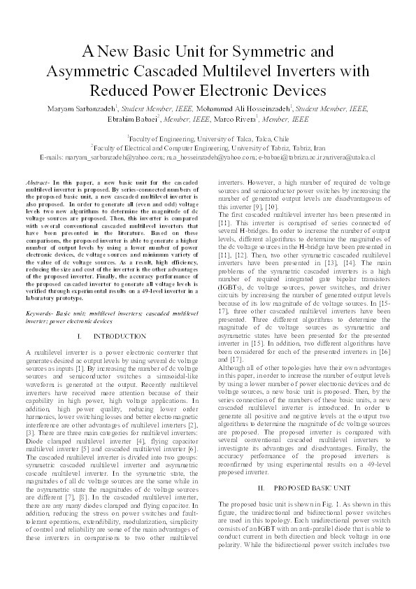 A New Basic Unit for Symmetric and Asymmetric Cascaded Multilevel Inverters with Reduced Power Electronic Devices Thumbnail