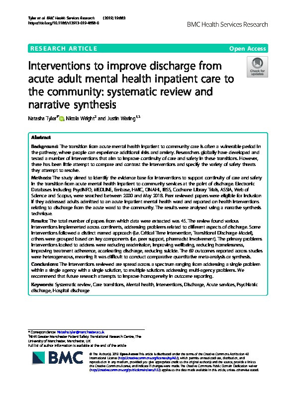 Interventions to Improve Discharge from Acute Adult Mental Health Inpatient Care to the Community: Systematic Review and Narrative Synthesis Thumbnail
