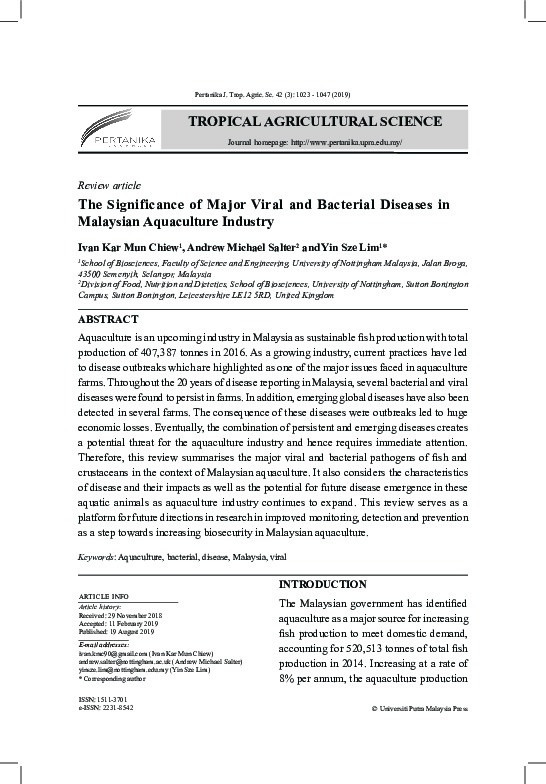The significance of major viral and bacterial diseases in Malaysian aquaculture industry Thumbnail