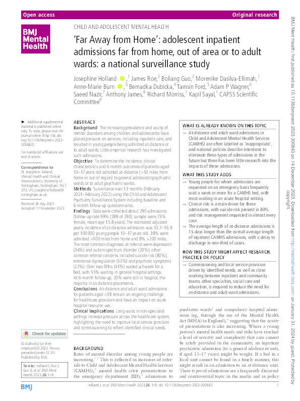 'Far Away from Home': adolescent inpatient admissions far from home, out of area or to adult wards: a national surveillance study. Thumbnail