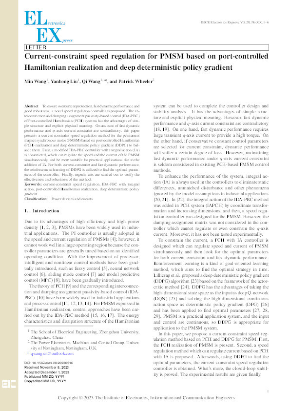 Current-constraint Speed Regulation for PMSM Based on Port-controlled Hamiltonian Realization and Deep Deterministic Policy Gradient Thumbnail