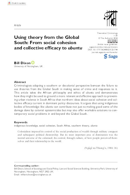 Using theory from the Global South: from social cohesion and collective efficacy to ubuntu Thumbnail