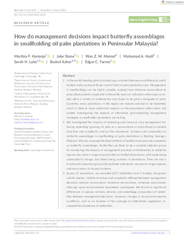 How do management decisions impact butterfly assemblages in smallholding oil palm plantations in Peninsular Malaysia? Thumbnail