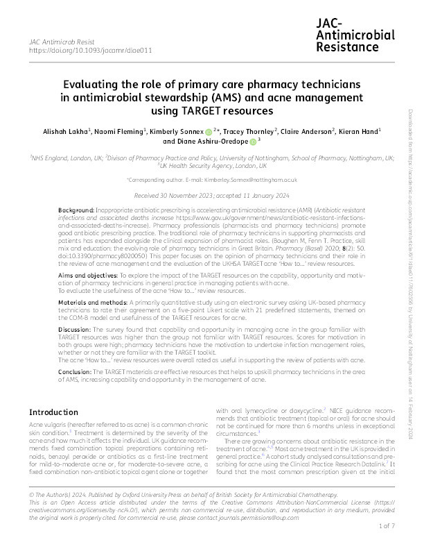 Evaluating the role of primary care pharmacy technicians in antimicrobial stewardship (AMS) and acne management using TARGET resources Thumbnail