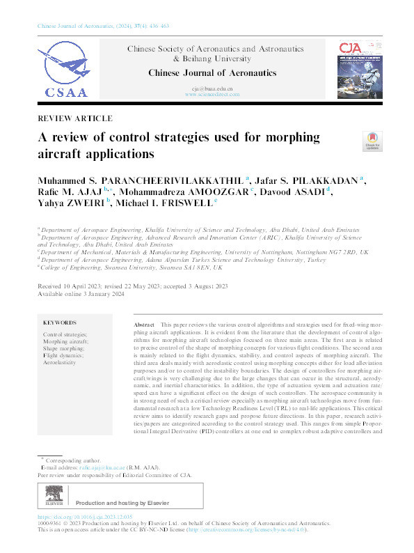 A review of control strategies used for morphing aircraft applications Thumbnail