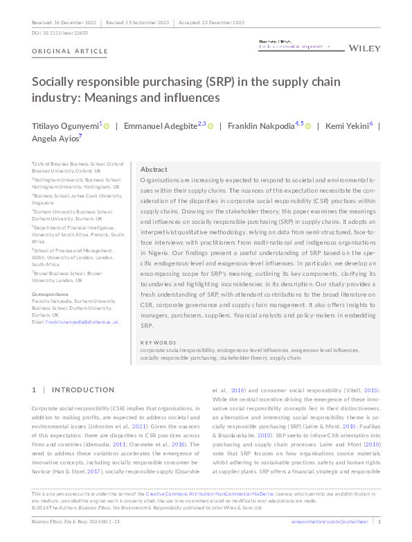 Socially responsible purchasing (SRP) in the supply chain industry: Meanings and influences Thumbnail