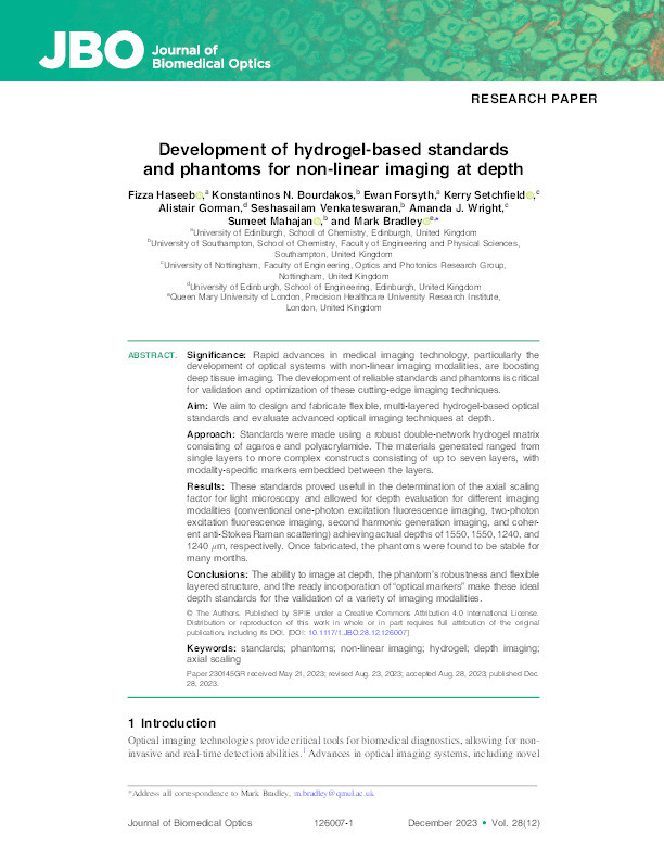 Development of hydrogel-based standards and phantoms for non-linear imaging at depth Thumbnail