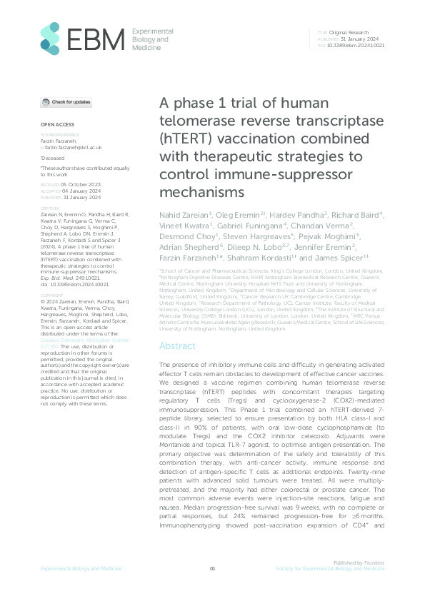 A phase 1 trial of human telomerase reverse transcriptase (hTERT) vaccination combined with therapeutic strategies to control immune-suppressor mechanisms Thumbnail