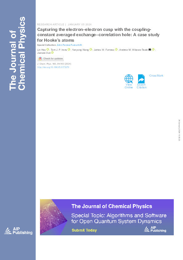 Capturing the electron–electron cusp with the coupling-constant averaged exchange–correlation hole: A case study for Hooke’s atoms Thumbnail