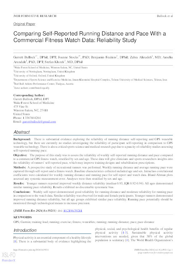 Comparing Self-Reported Running Distance and Pace With a Commercial Fitness Watch Data: Reliability Study Thumbnail