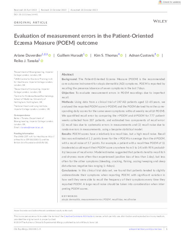 Evaluation of measurement errors in the Patient-Oriented Eczema Measure (POEM) outcome Thumbnail