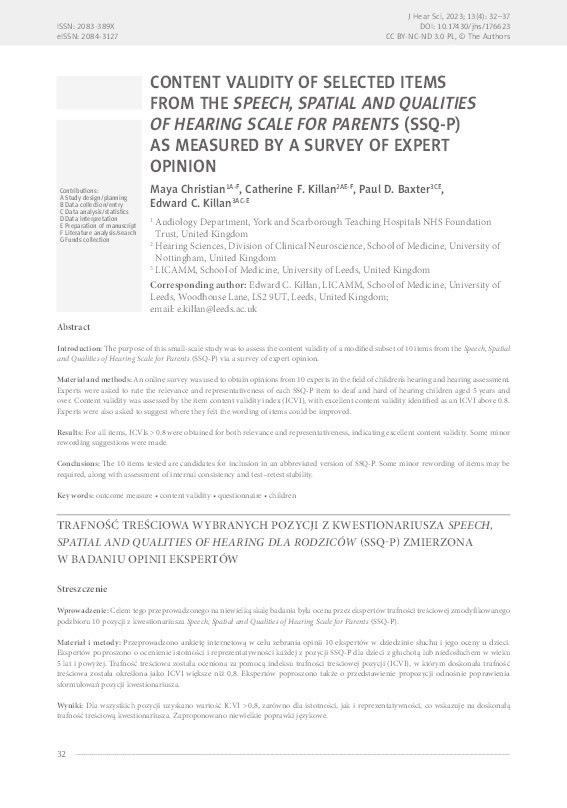 CONTENT VALIDITY OF SELECTED ITEMS FROM THE 𝑆𝑃𝐸𝐸𝐶𝐻, 𝑆𝑃𝐴𝑇𝐼𝐴𝐿 𝐴𝑁𝐷 𝑄𝑈𝐴𝐿𝐼𝑇𝐼𝐸𝑆 𝑂𝐹 𝐻𝐸𝐴𝑅𝐼𝑁𝐺 𝑆𝐶𝐴𝐿𝐸 𝐹𝑂𝑅 𝑃𝐴𝑅𝐸𝑁𝑇𝑆 (SSQ-P) AS MEASURED BY A SURVEY OF EXPERT OPINION Thumbnail