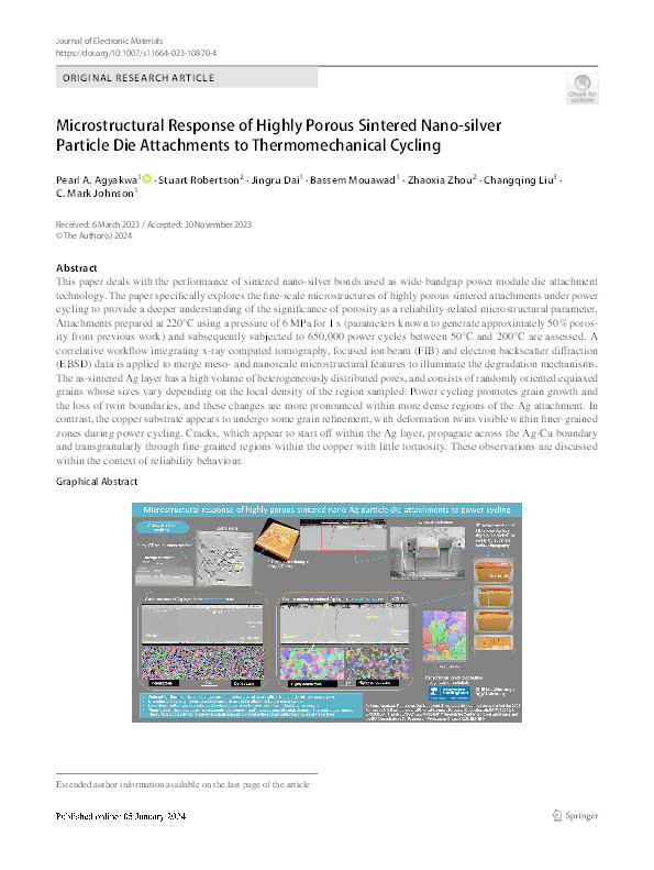 Microstructural Response of Highly Porous Sintered Nano-silver Particle Die Attachments to Thermomechanical Cycling Thumbnail