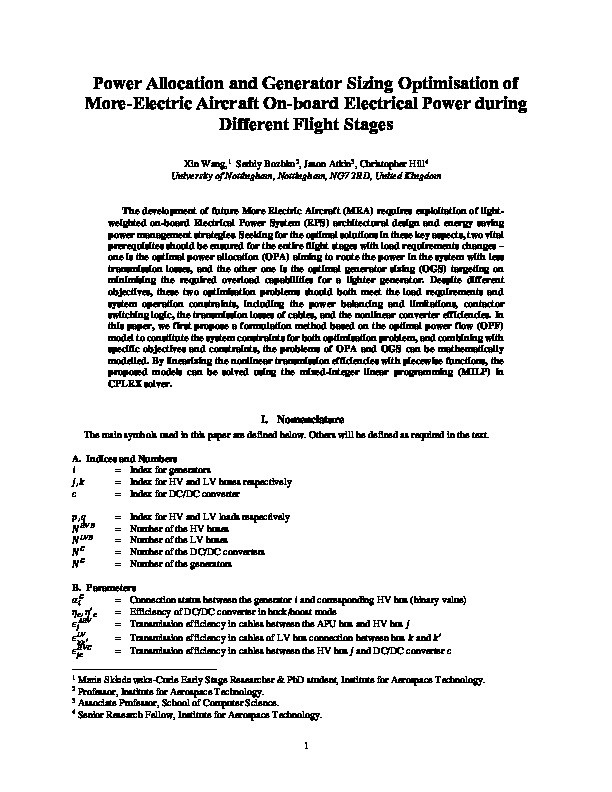 Power Allocation and Generator Sizing Optimisation of More-Electric Aircraft On-board Electrical Power during Different Flight Stages Thumbnail