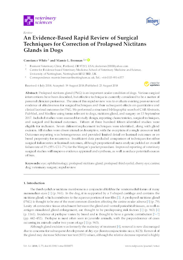 An Evidence-Based Rapid Review of Surgical Techniques for Correction of Prolapsed Nictitans Glands in Dogs Thumbnail