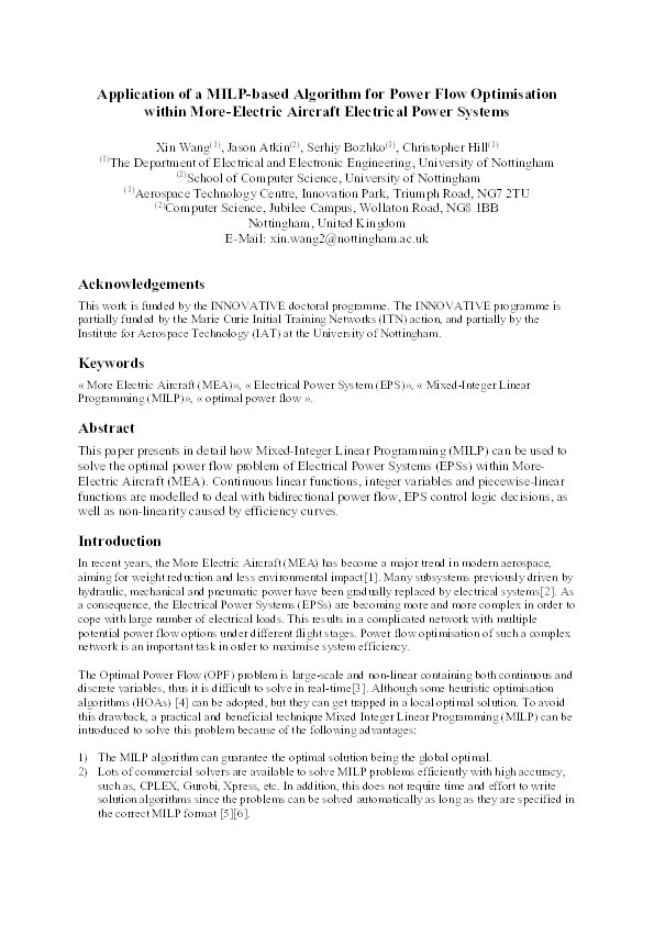 Application of a MILP-based Algorithm for Power Flow Optimisation within More-Electric Aircraft Electrical Power Systems Thumbnail