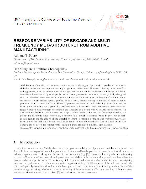 Response variability of broadband multi- frequency metastructure from additive manufacturing Thumbnail