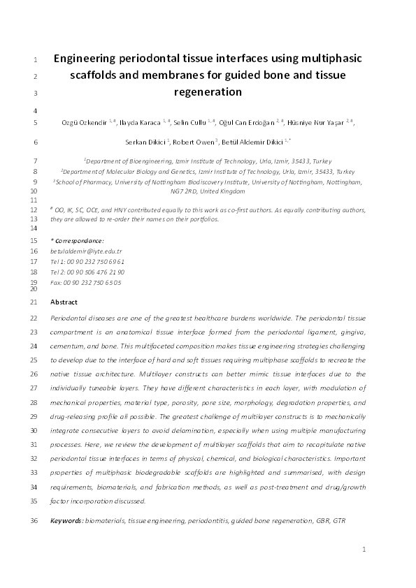 Engineering periodontal tissue interfaces using multiphasic scaffolds and membranes for guided bone and tissue regeneration Thumbnail