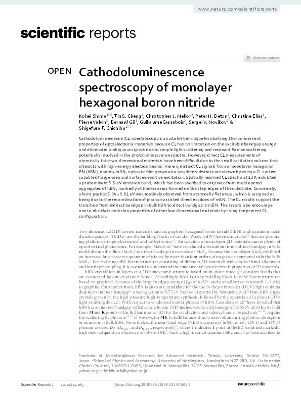 Cathodoluminescence spectroscopy of monolayer hexagonal boron nitride Thumbnail