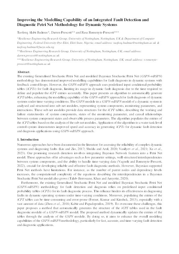 Improving the Modelling Capability of an Integrated Fault Detection and Diagnostic Petri Net Methodology for Dynamic Systems Thumbnail