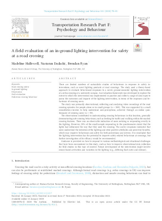 A field evaluation of an in-ground lighting intervention for safety at a road crossing Thumbnail