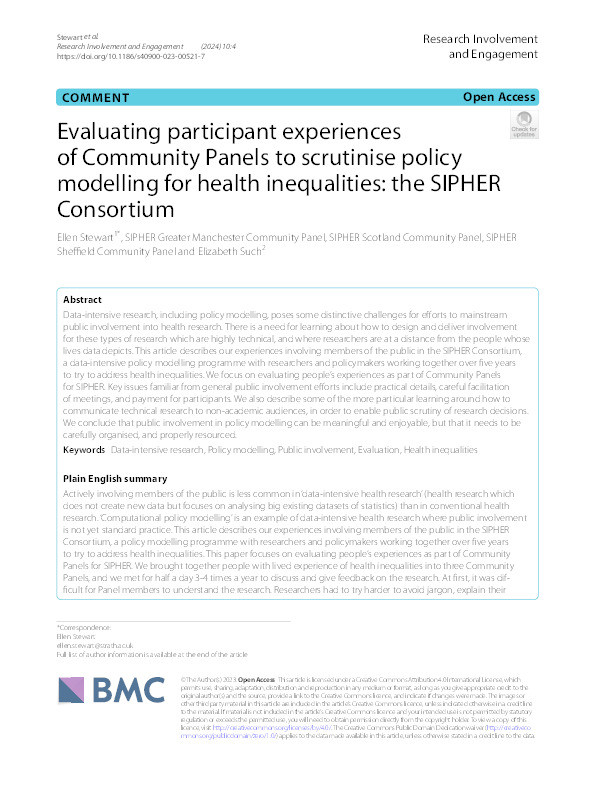 Evaluating participant experiences of Community Panels to scrutinise policy modelling for health inequalities: the SIPHER Consortium Thumbnail