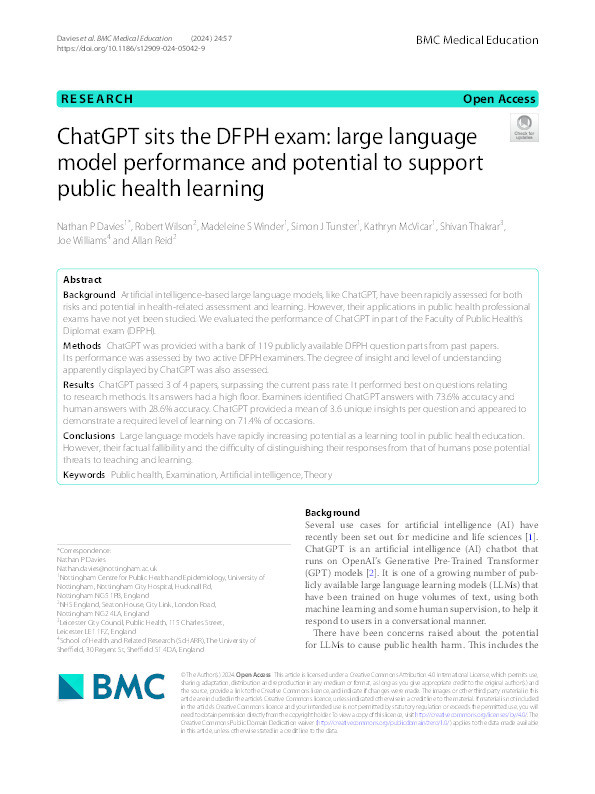 ChatGPT sits the DFPH exam: large language model performance and potential to support public health learning Thumbnail