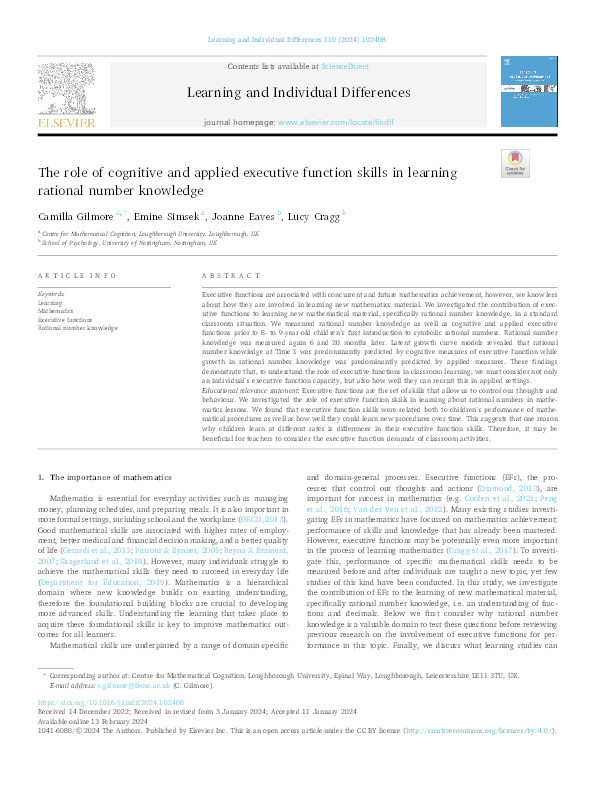 The role of cognitive and applied executive function skills in learning rational number knowledge Thumbnail