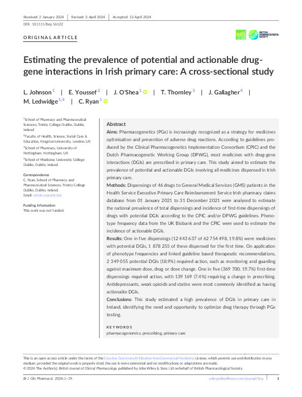 Estimating the prevalence of potential and actionable drug‐gene interactions in Irish primary care: A cross‐sectional study Thumbnail