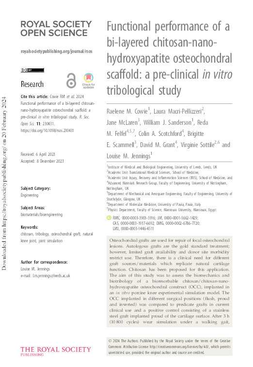Functional performance of a bi-layered chitosan-nano-hydroxyapatite osteochondral scaffold: a pre-clinical in vitro tribological study Thumbnail