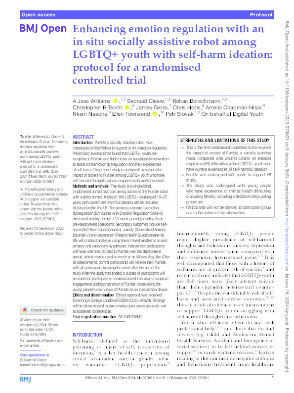 Enhancing emotion regulation with an in situ socially assistive robot among LGBTQ+ youth with self-harm ideation: protocol for a randomised controlled trial Thumbnail