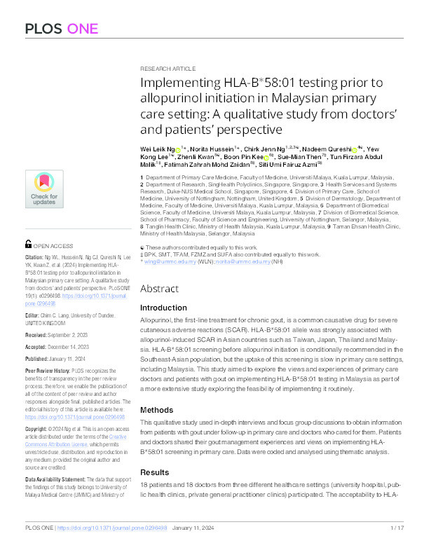 Implementing HLA-B*58:01 testing prior to allopurinol initiation in Malaysian primary care setting: A qualitative study from doctors’ and patients’ perspective Thumbnail