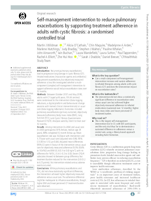 Self-management intervention to reduce pulmonary exacerbations by supporting treatment adherence in adults with cystic fibrosis: a randomised controlled trial Thumbnail