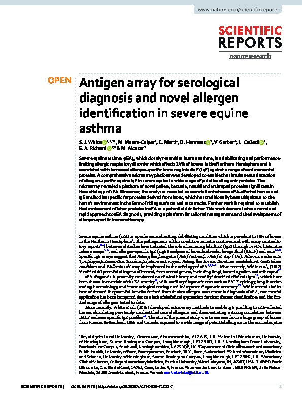 Antigen array for serological diagnosis and novel allergen identification in severe equine asthma Thumbnail