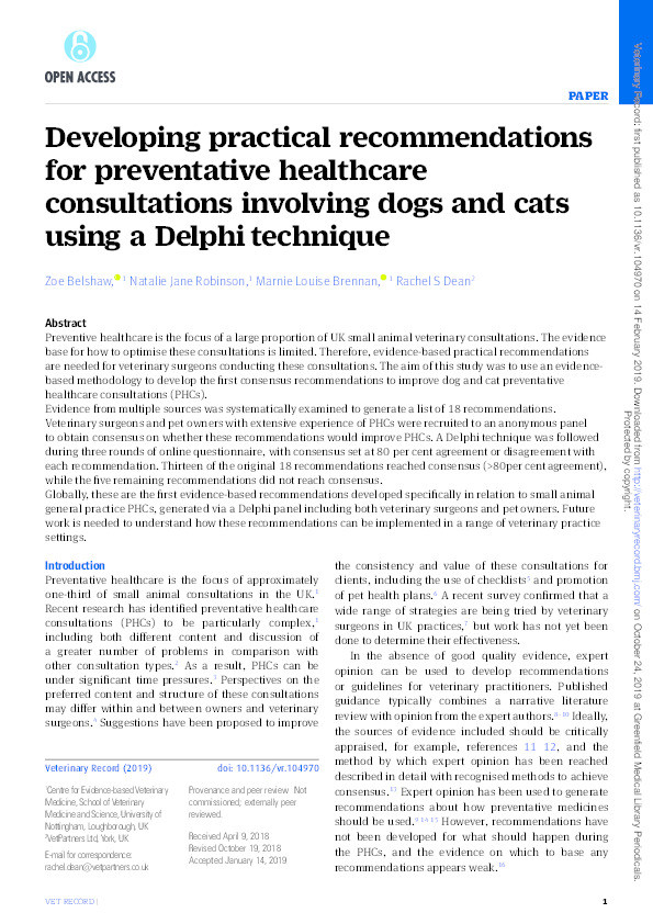 Developing practical recommendations for preventative healthcare consultations involving dogs and cats using a Delphi technique Thumbnail