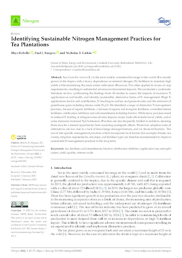 Identifying Sustainable Nitrogen Management Practices for Tea Plantations Thumbnail