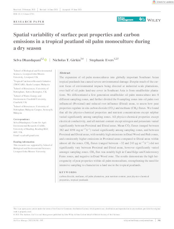 Spatial variability of surface peat properties and carbon emissions in a tropical peatland oil palm monoculture during a dry season Thumbnail