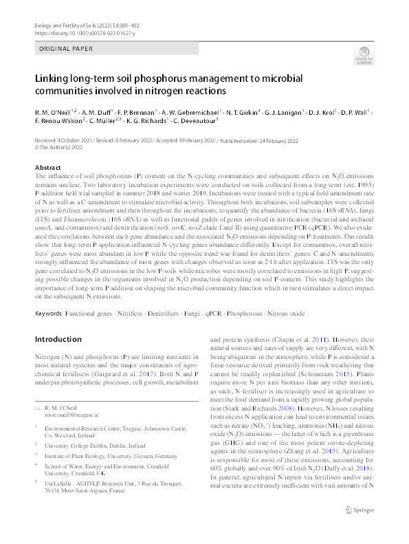 Linking long-term soil phosphorus management to microbial communities involved in nitrogen reactions Thumbnail