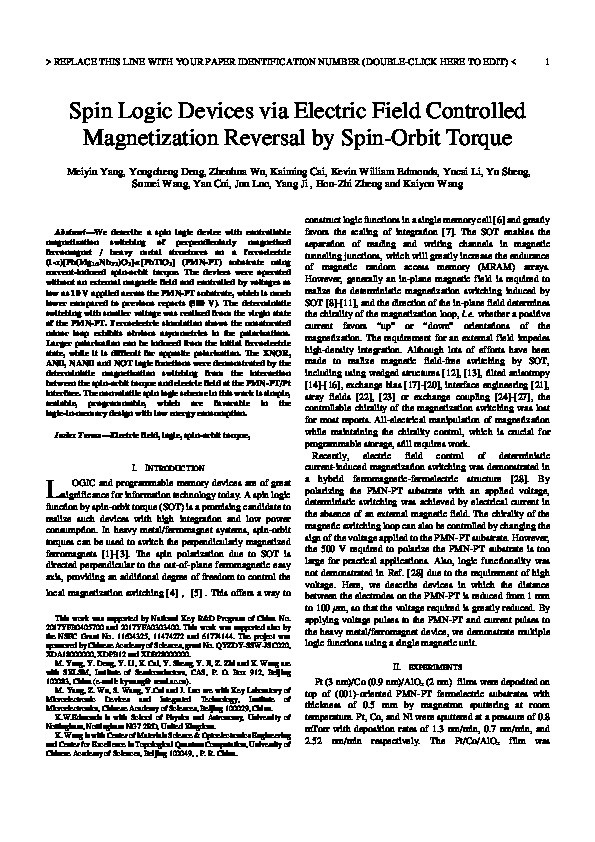 Spin Logic Devices via Electric Field Controlled Magnetization Reversal by Spin-Orbit Torque Thumbnail