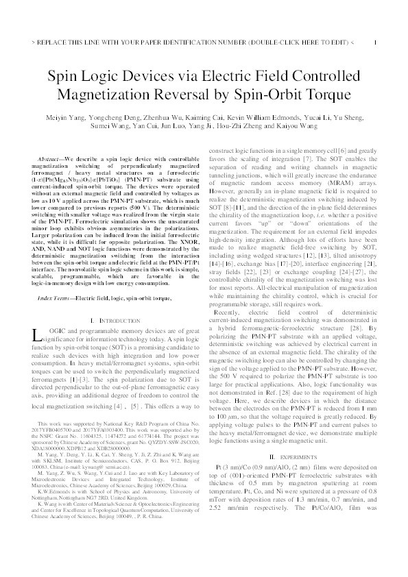 Spin Logic Devices via Electric Field Controlled Magnetization Reversal by Spin-Orbit Torque Thumbnail