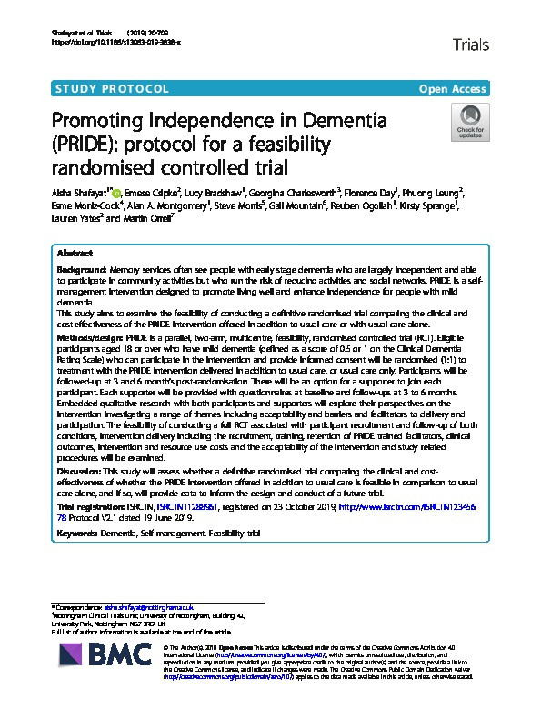 Promoting Independence in Dementia (PRIDE): Protocol for a Feasibility Randomised Controlled Trial Thumbnail