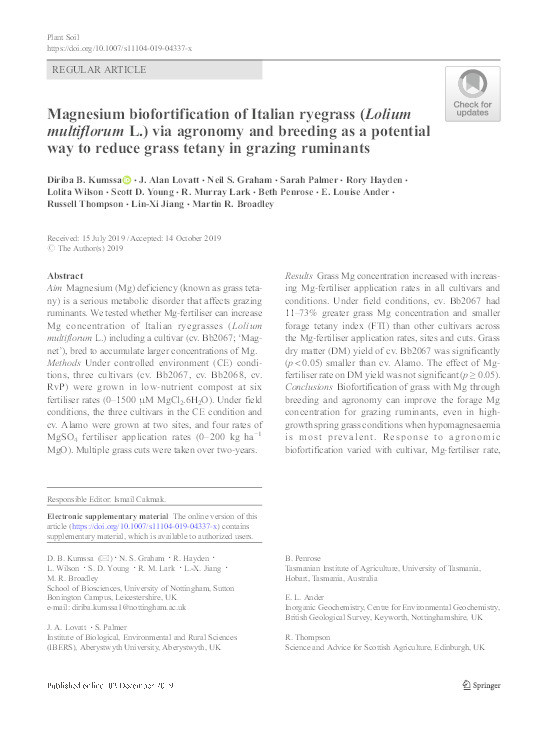 Magnesium biofortification of Italian ryegrass (Lolium multiflorum L.) via  agronomy and breeding as a potential way to reduce grass tetany in grazing ruminants Thumbnail