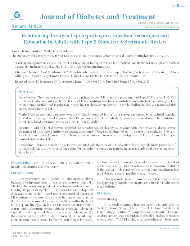 Relationship between Lipohypertrophy, Injection Techniques and Education in adults with Type 2 Diabetes: A Systematic Review Thumbnail