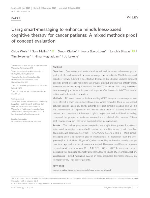 Using smart?messaging to enhance mindfulness?based cognitive therapy for cancer patients: A mixed methods proof of concept evaluation Thumbnail